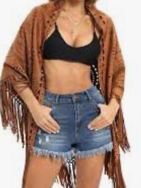 BLUE B Fringe Western Shawl Cover up Faux Suede Laser Cut Out Rust Boho Poncho